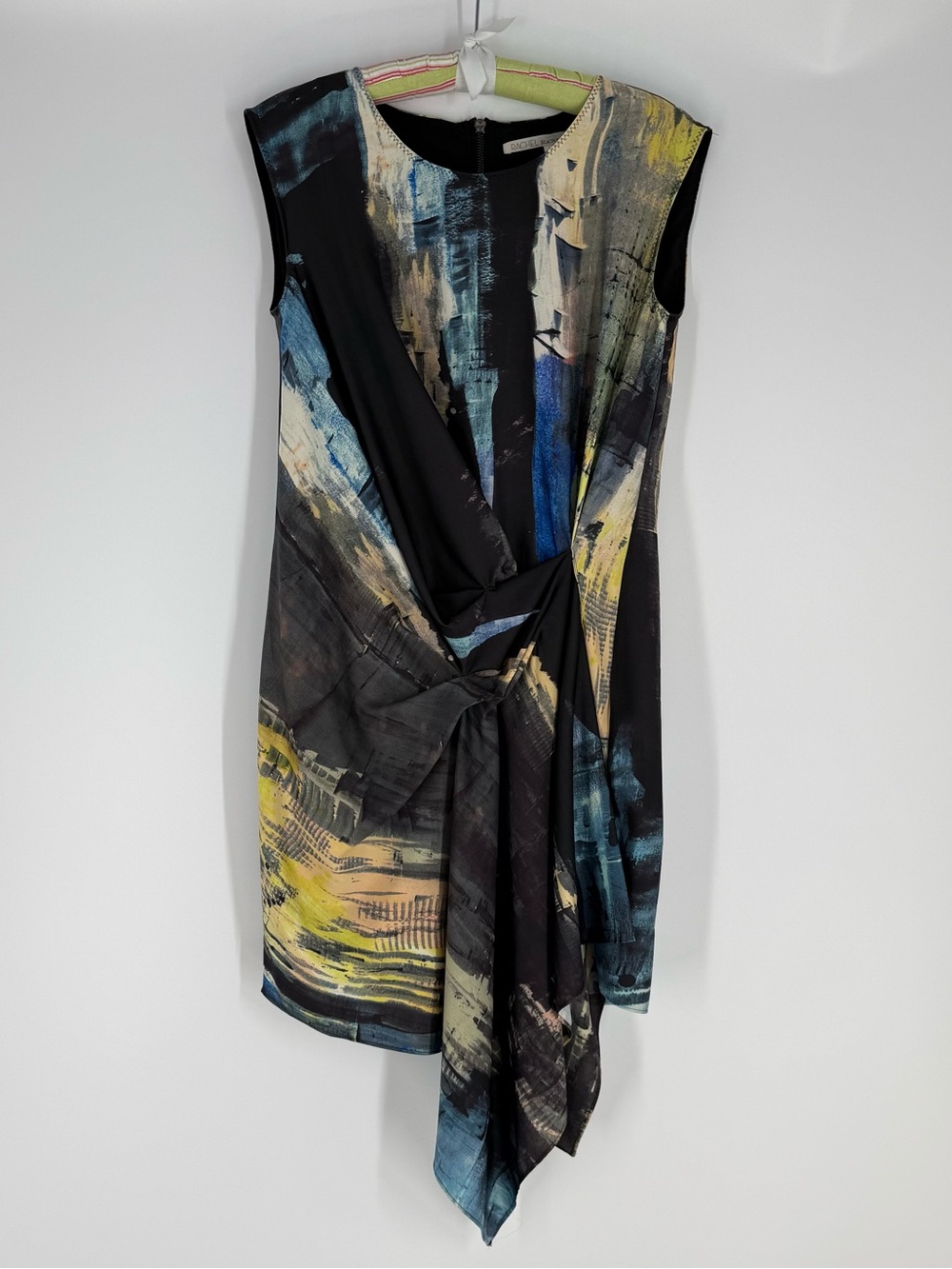 Abstract Print Black Sleeveless Knot-Front Dress